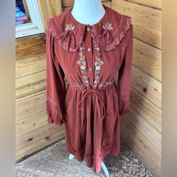 Vintage Rust Long Sleeve Maxi Dress Floral Embroidery Corduroy Lace Womens Large - Picture 3 of 10